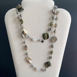 Multi-Tone Olive and Pearl Long Beaded Necklace - Women Jewelry
